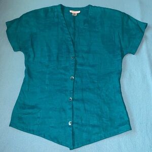 GENNY S.p.a linen button up short sleeve blouse turquoise Made in Italy size 8